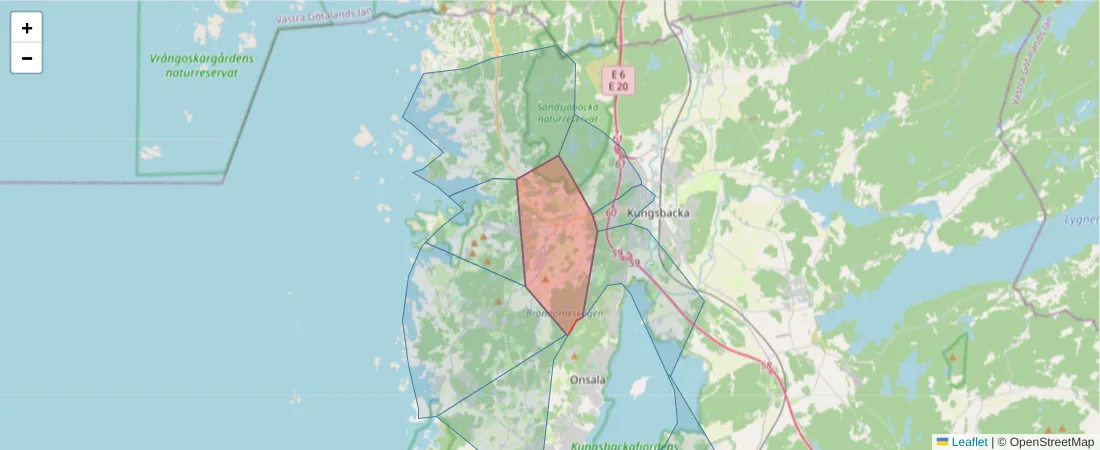 Karta över postnummerområdet  och angränsande postnummer i Sverige