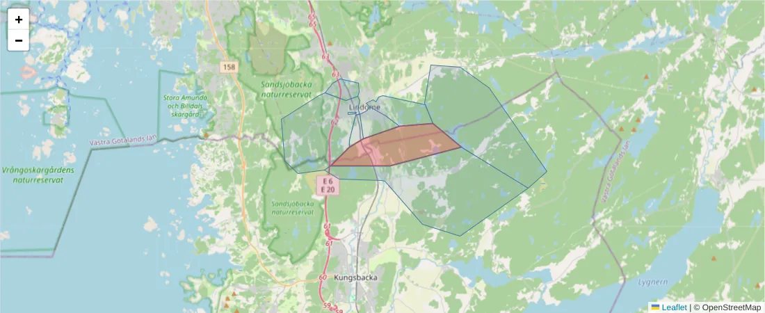 Karta över postnummerområdet  och angränsande postnummer i Sverige