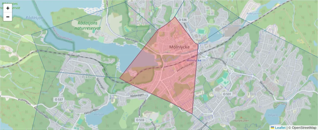 Karta över postnummerområdet  och angränsande postnummer i Sverige