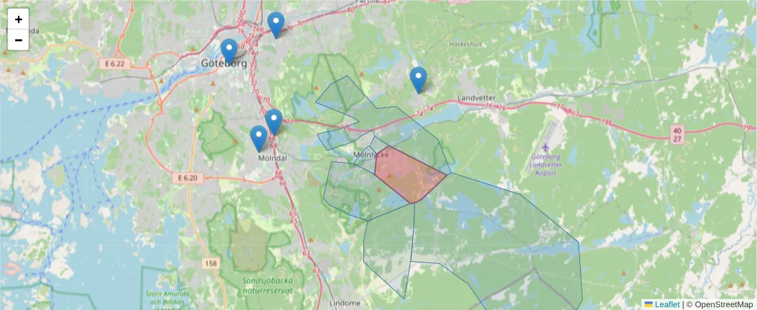 Karta över postnummerområdet  och angränsande postnummer i Sverige