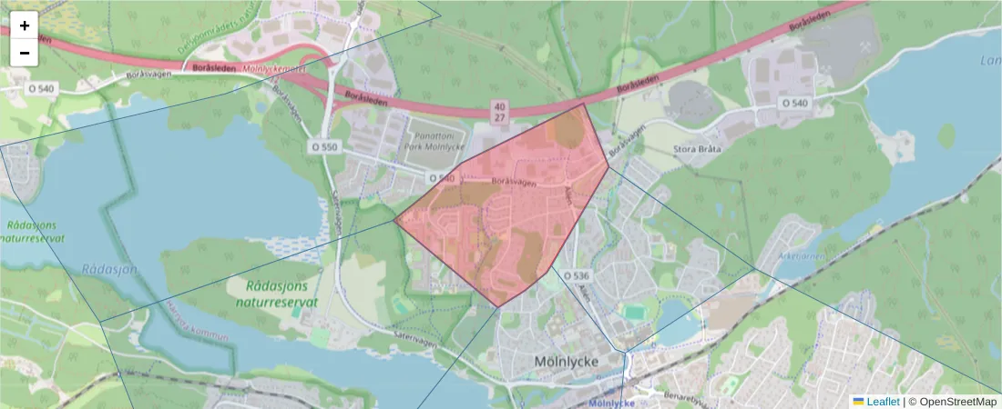 Karta över postnummerområdet  och angränsande postnummer i Sverige