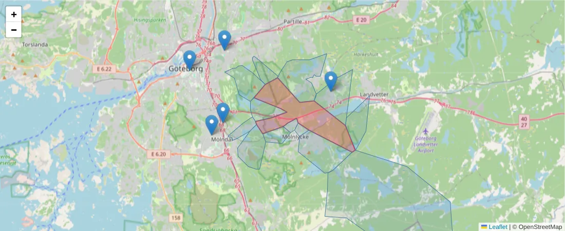 Karta över postnummerområdet  och angränsande postnummer i Sverige