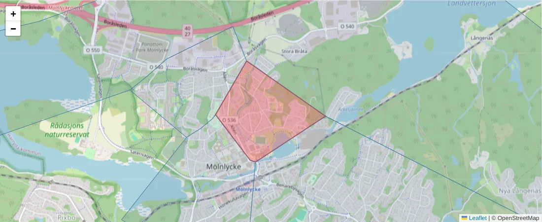Karta över postnummerområdet  och angränsande postnummer i Sverige