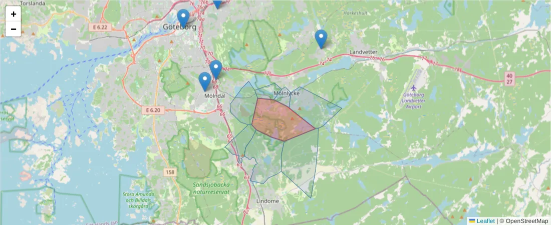 Karta över postnummerområdet  och angränsande postnummer i Sverige