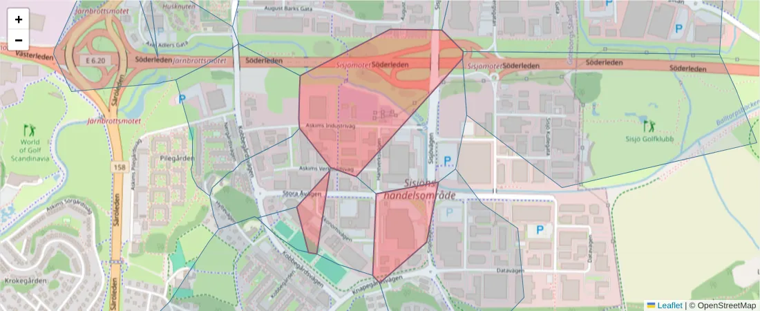 Karta över postnummerområdet  och angränsande postnummer i Sverige