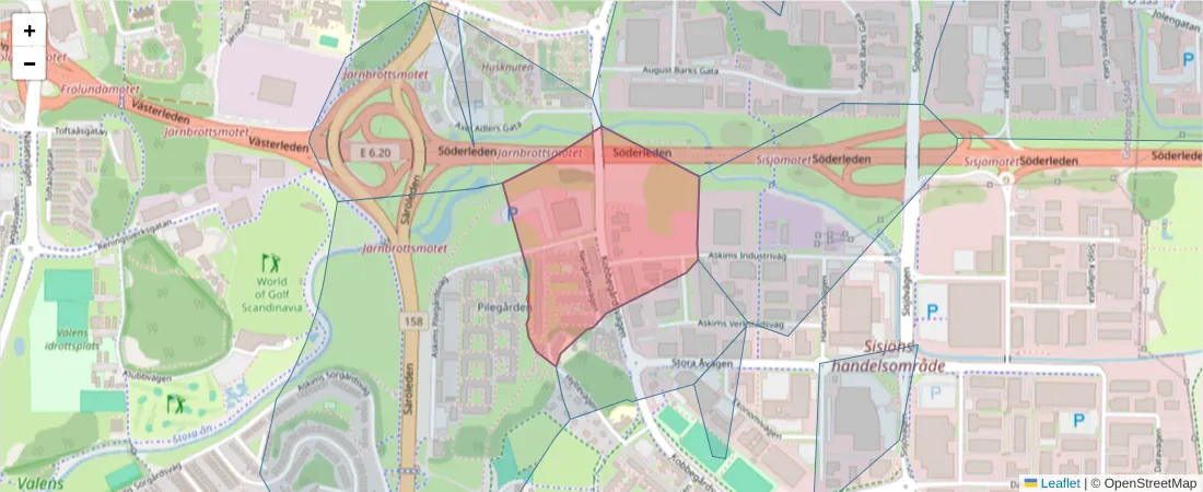 Karta över postnummerområdet  och angränsande postnummer i Sverige