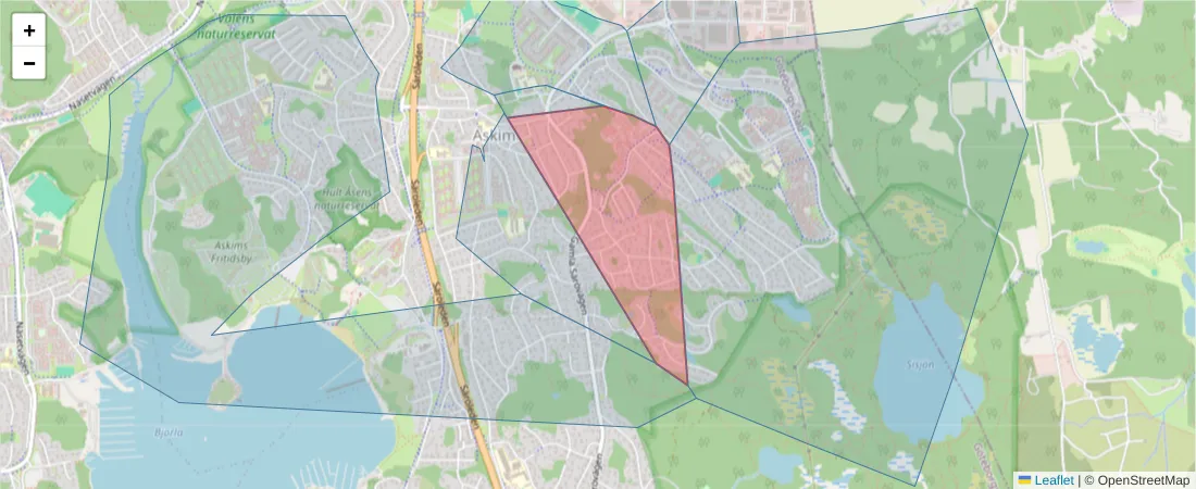 Karta över postnummerområdet  och angränsande postnummer i Sverige