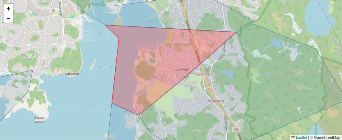 Karta över postnummerområdet  och angränsande postnummer i Sverige
