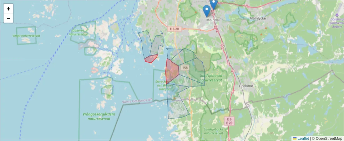Karta över postnummerområdet  och angränsande postnummer i Sverige