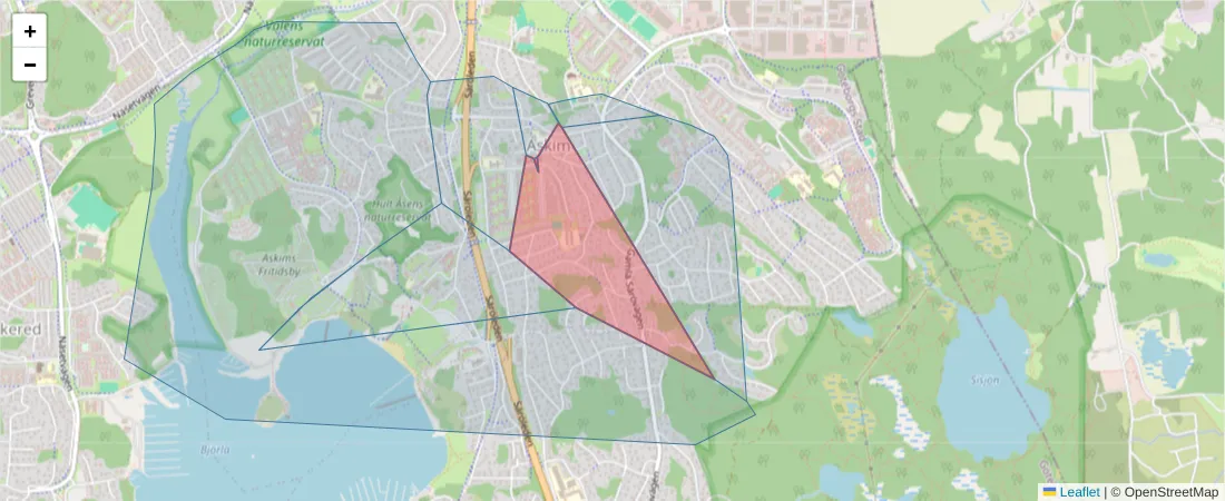 Karta över postnummerområdet  och angränsande postnummer i Sverige