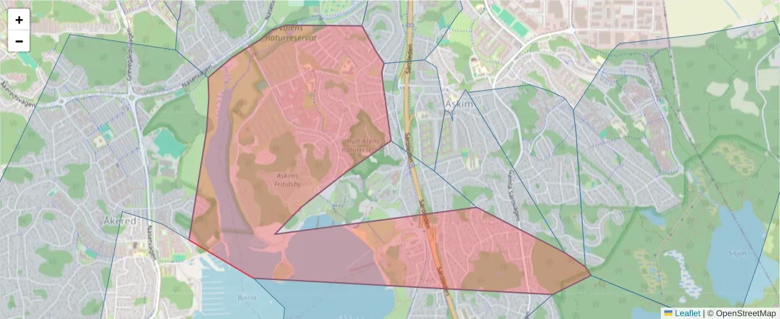 Karta över postnummerområdet  och angränsande postnummer i Sverige