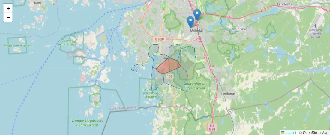 Karta över postnummerområdet  och angränsande postnummer i Sverige