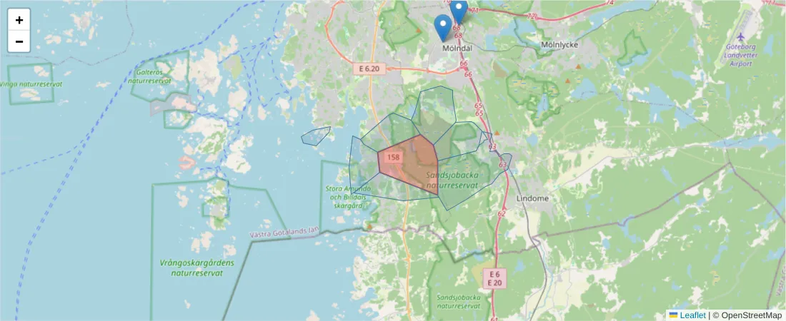 Karta över postnummerområdet  och angränsande postnummer i Sverige