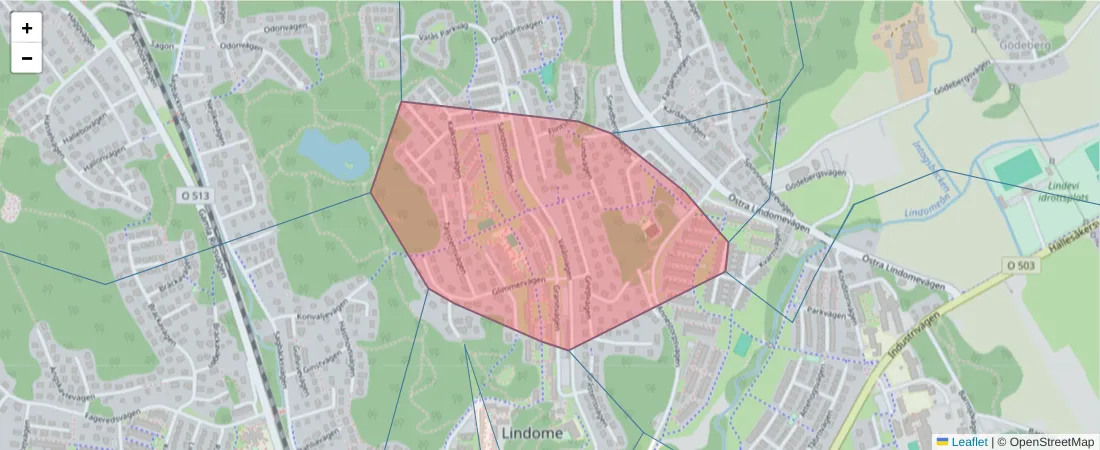 Karta över postnummerområdet  och angränsande postnummer i Sverige