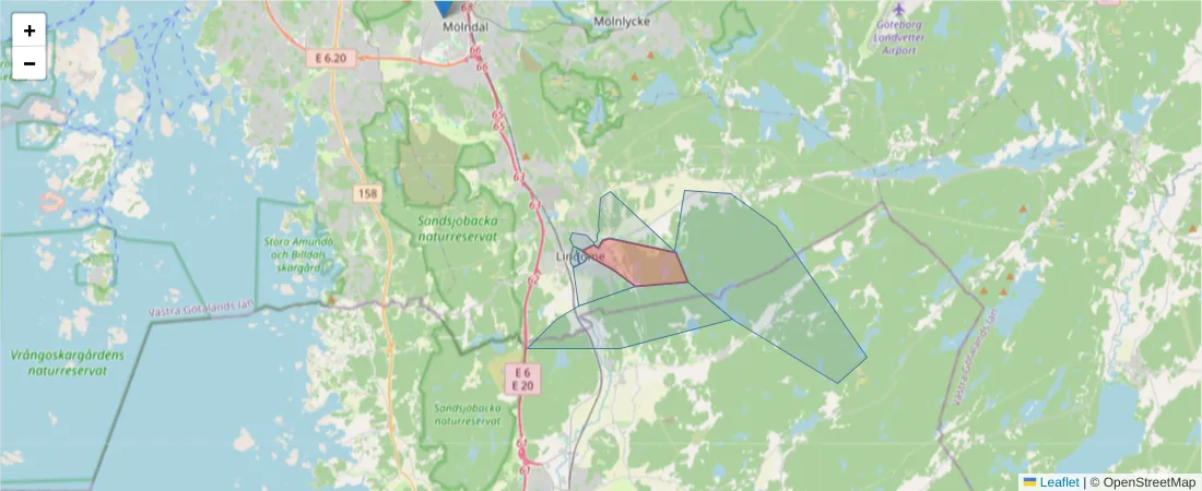 Karta över postnummerområdet  och angränsande postnummer i Sverige