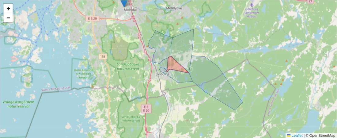 Karta över postnummerområdet  och angränsande postnummer i Sverige