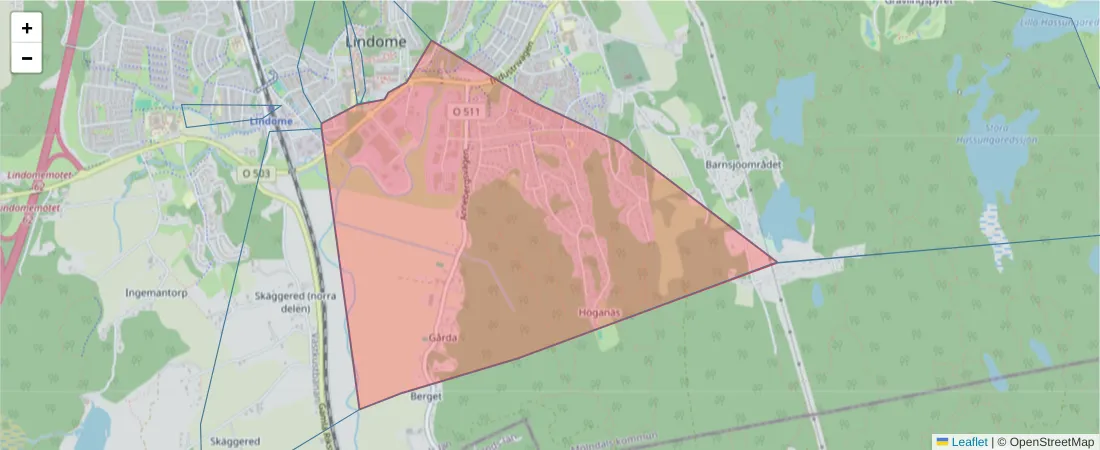 Karta över postnummerområdet  och angränsande postnummer i Sverige