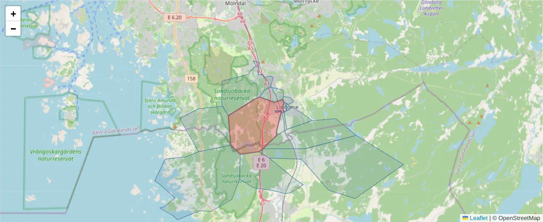 Karta över postnummerområdet  och angränsande postnummer i Sverige