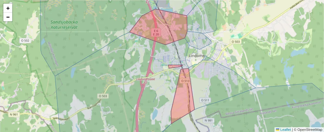 Karta över postnummerområdet  och angränsande postnummer i Sverige