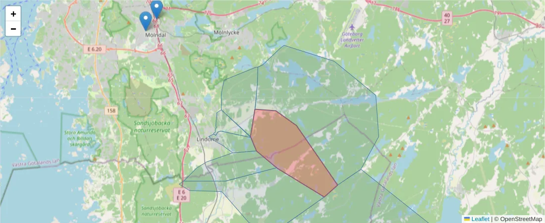 Karta över postnummerområdet  och angränsande postnummer i Sverige