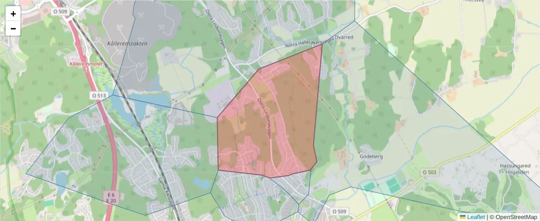 Karta över postnummerområdet  och angränsande postnummer i Sverige