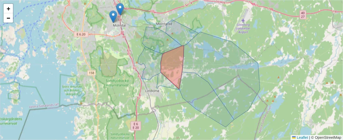 Karta över postnummerområdet  och angränsande postnummer i Sverige