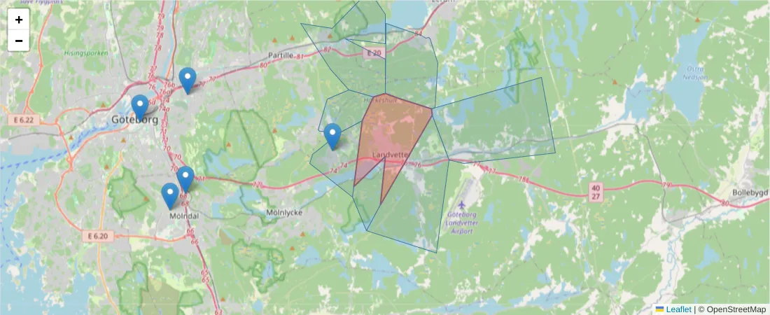 Karta över postnummerområdet  och angränsande postnummer i Sverige