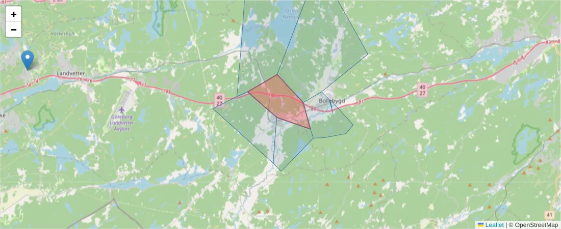 Karta över postnummerområdet  och angränsande postnummer i Sverige