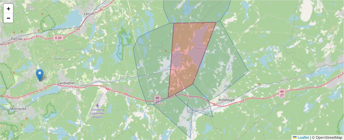 Karta över postnummerområdet  och angränsande postnummer i Sverige