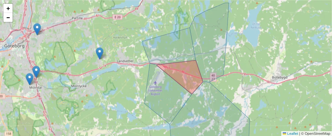 Karta över postnummerområdet  och angränsande postnummer i Sverige