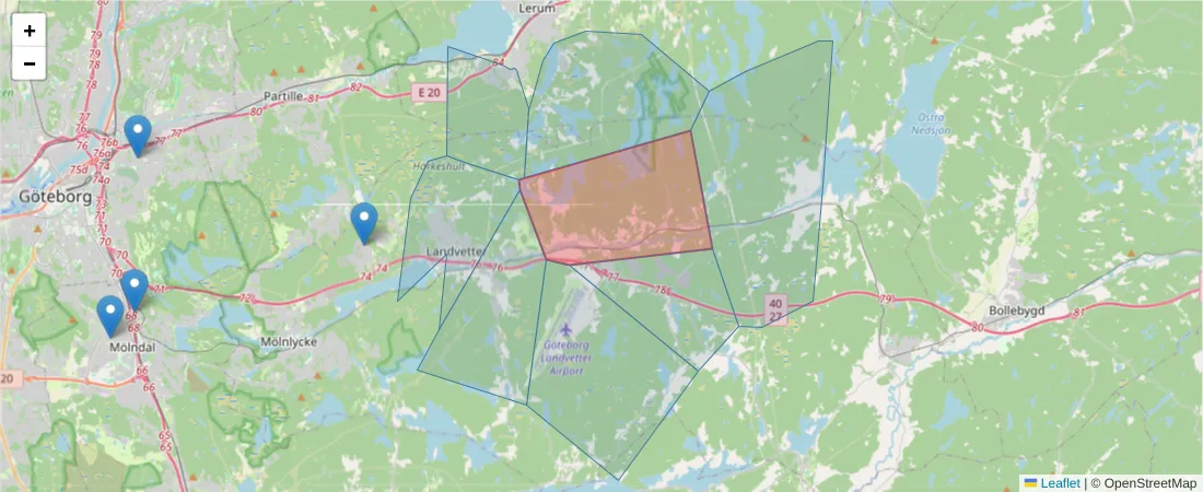 Karta över postnummerområdet  och angränsande postnummer i Sverige