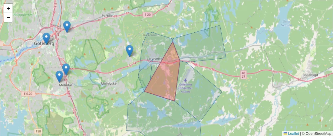 Karta över postnummerområdet  och angränsande postnummer i Sverige