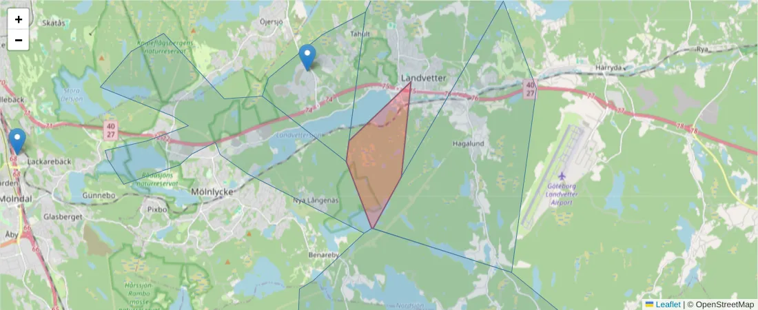 Karta över postnummerområdet  och angränsande postnummer i Sverige