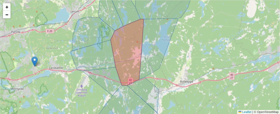 Karta över postnummerområdet  och angränsande postnummer i Sverige