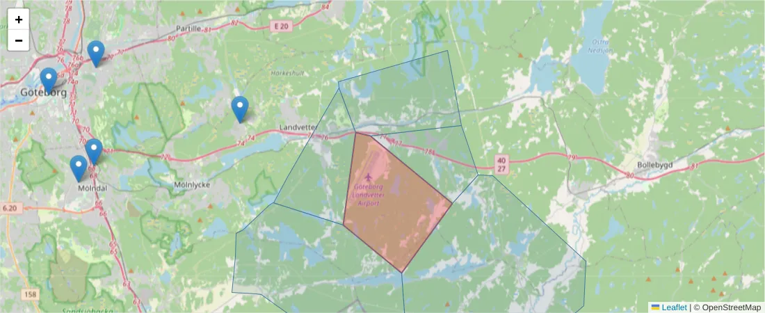 Karta över postnummerområdet  och angränsande postnummer i Sverige