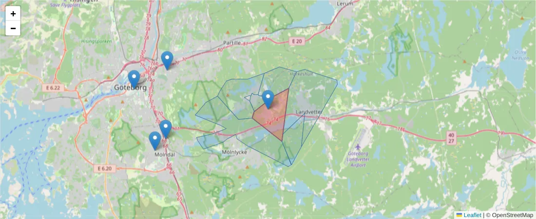 Karta över postnummerområdet  och angränsande postnummer i Sverige