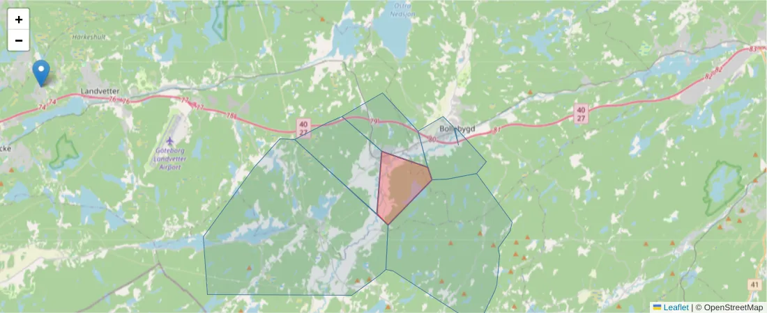 Karta över postnummerområdet  och angränsande postnummer i Sverige