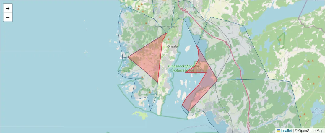 Karta över postnummerområdet  och angränsande postnummer i Sverige