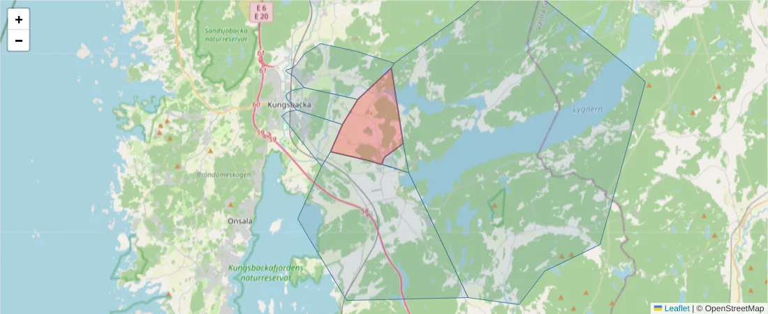 Karta över postnummerområdet  och angränsande postnummer i Sverige
