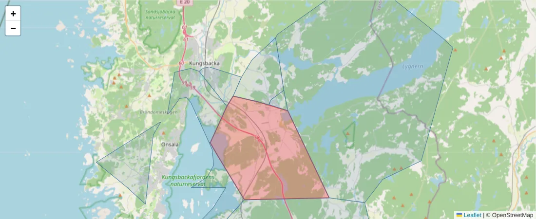 Karta över postnummerområdet  och angränsande postnummer i Sverige