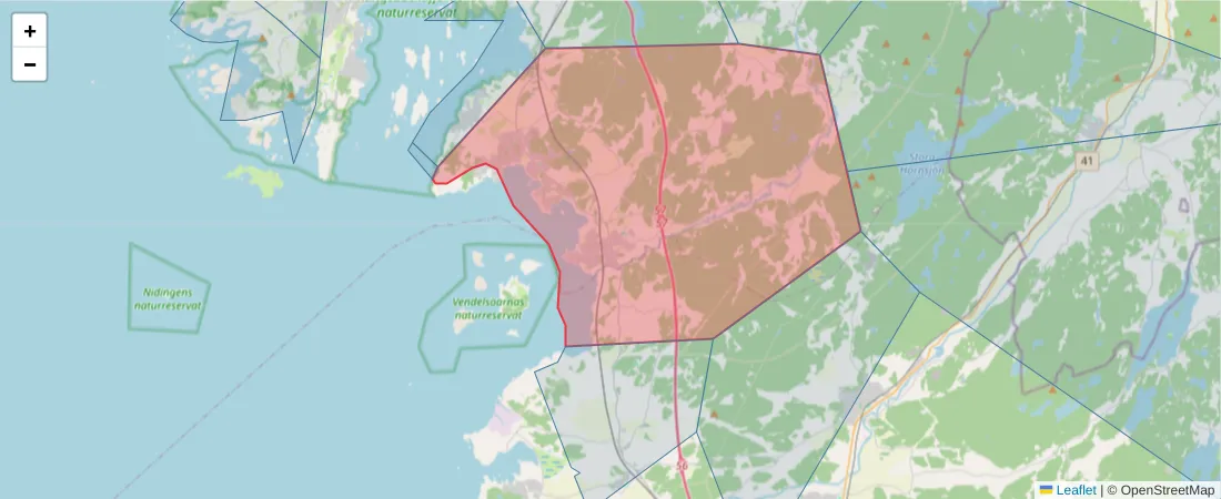 Karta över postnummerområdet  och angränsande postnummer i Sverige