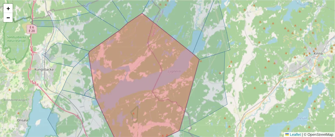 Karta över postnummerområdet  och angränsande postnummer i Sverige
