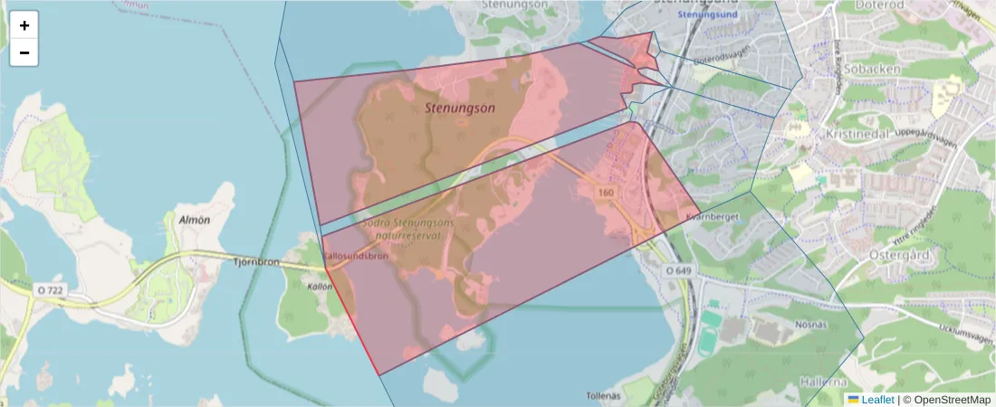 Karta över postnummerområdet  och angränsande postnummer i Sverige