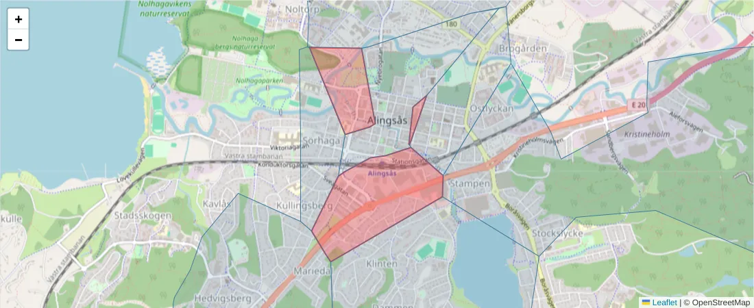 Karta över postnummerområdet  och angränsande postnummer i Sverige