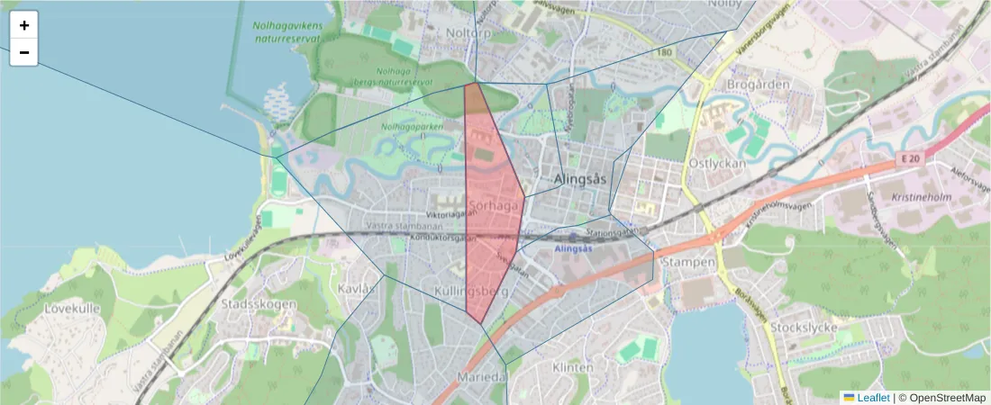 Karta över postnummerområdet  och angränsande postnummer i Sverige