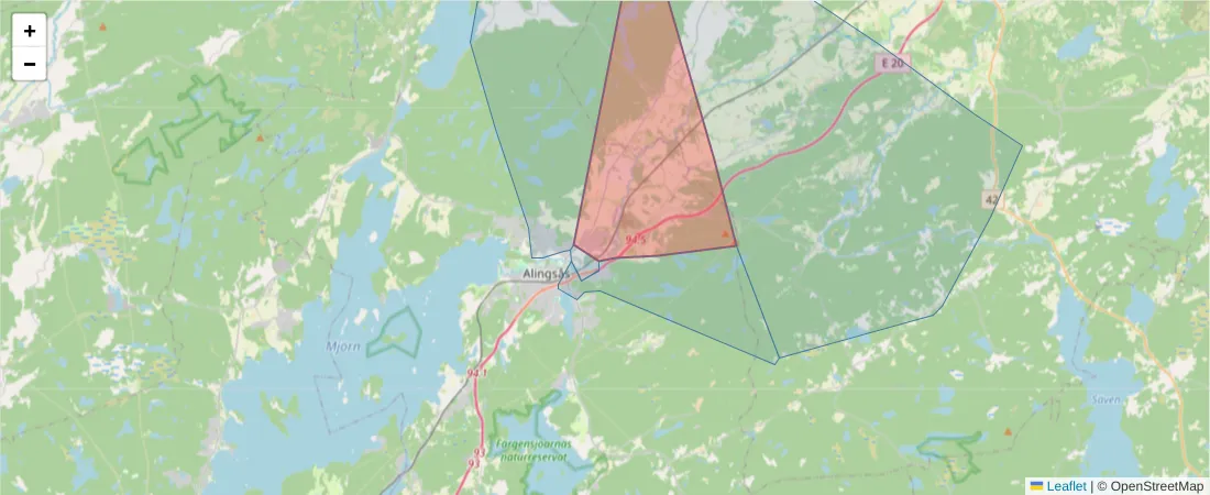 Karta över postnummerområdet  och angränsande postnummer i Sverige