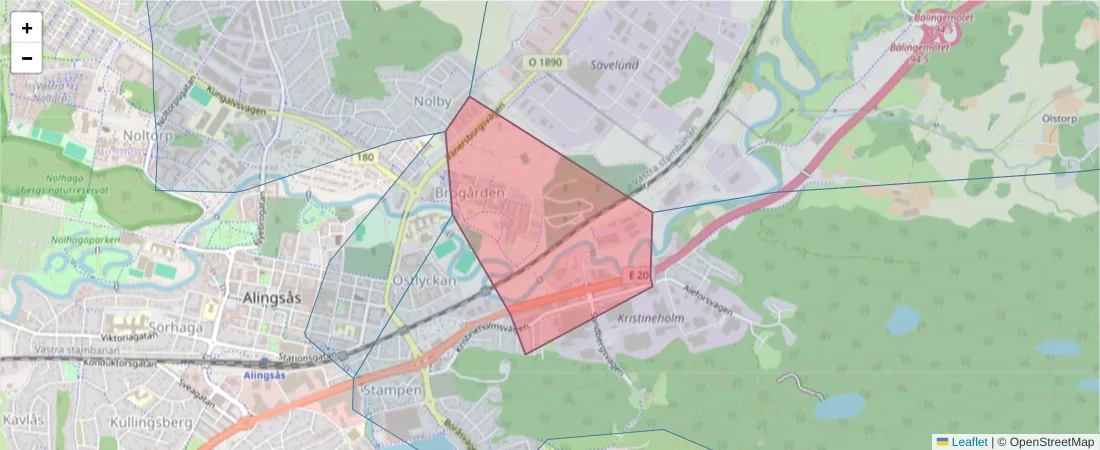 Karta över postnummerområdet  och angränsande postnummer i Sverige