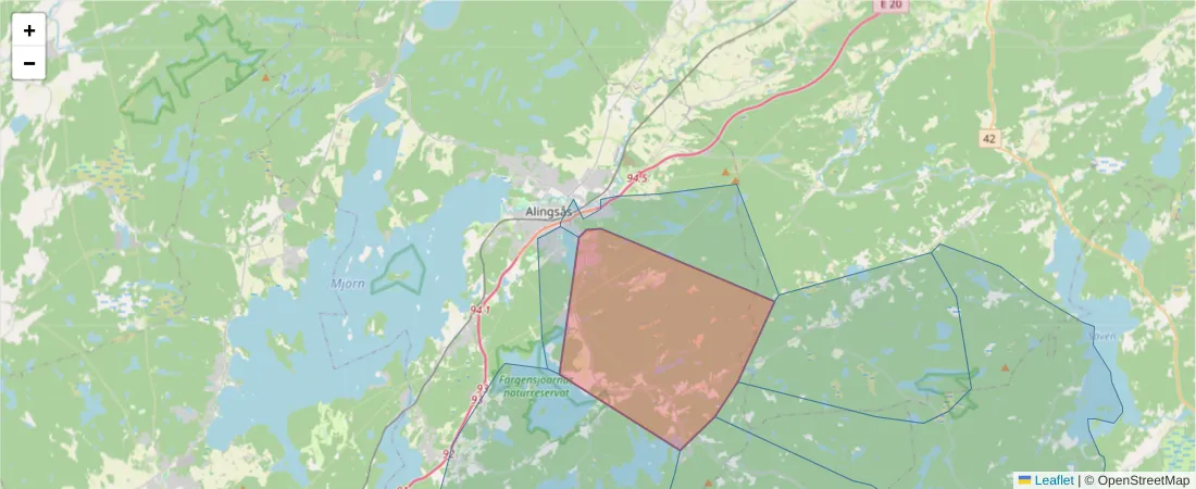 Karta över postnummerområdet  och angränsande postnummer i Sverige