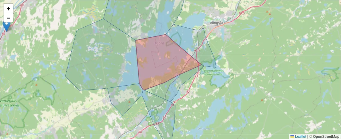 Karta över postnummerområdet  och angränsande postnummer i Sverige