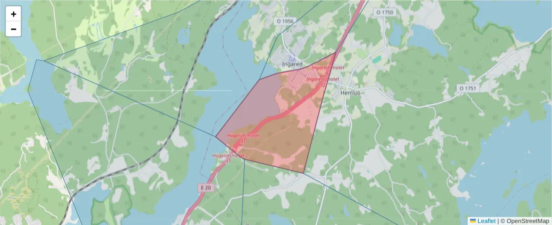Karta över postnummerområdet  och angränsande postnummer i Sverige